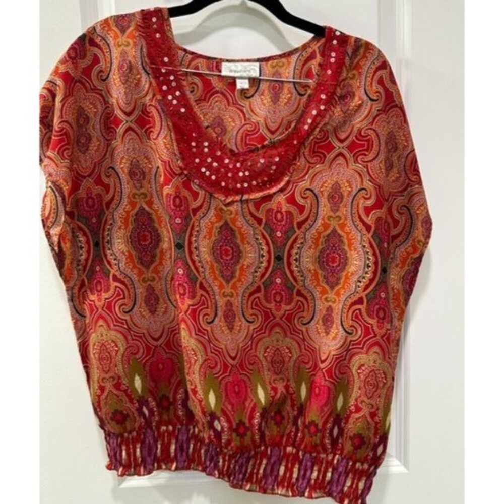 Dressbarn Womens L-Red Paisley Print Sequin Beaded Neck Dolman Top- Boho